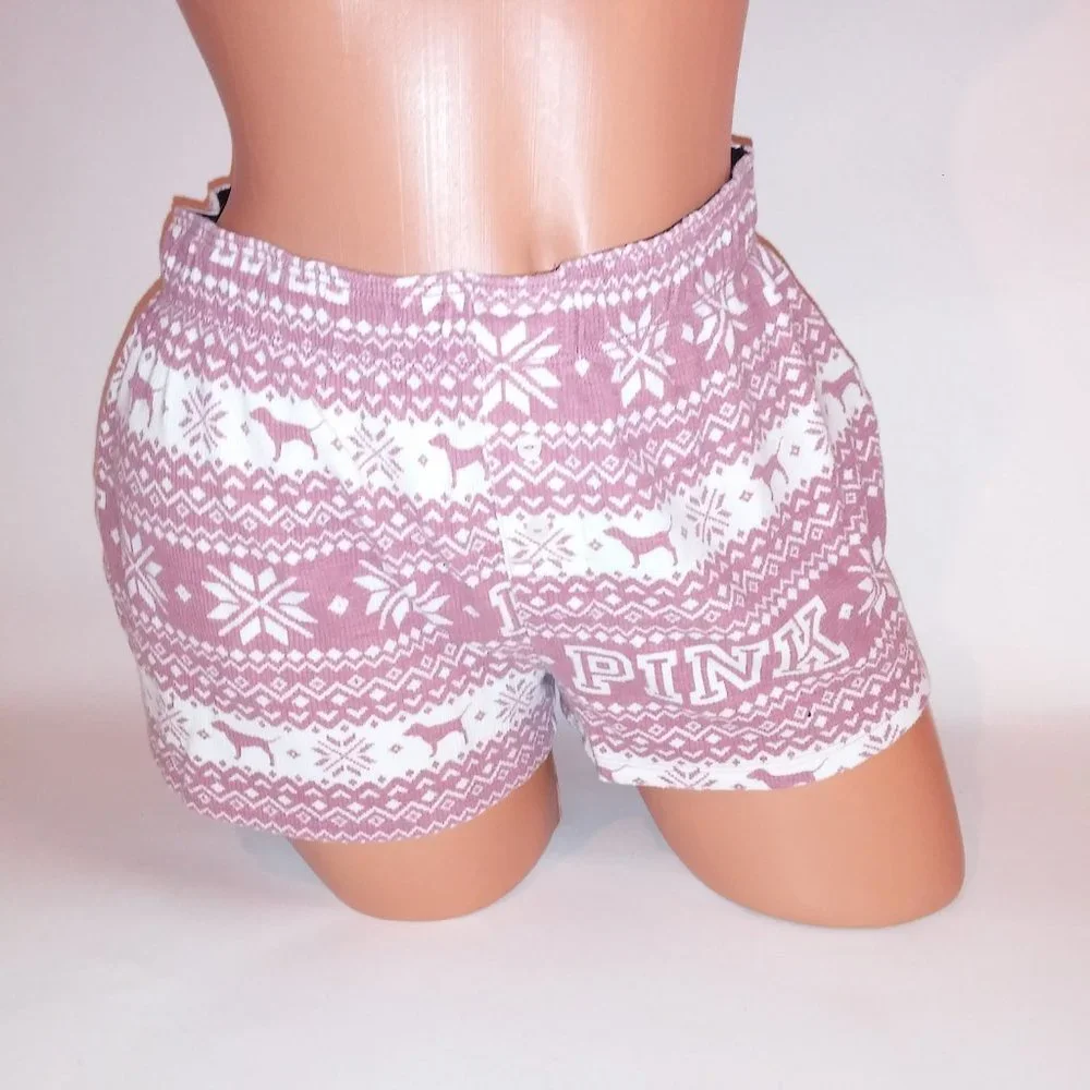 Victoria Secret PINK Pajama Shorts Sleepwear XS Pink White Fair Isle Banded Logo - Picture 2 of 6